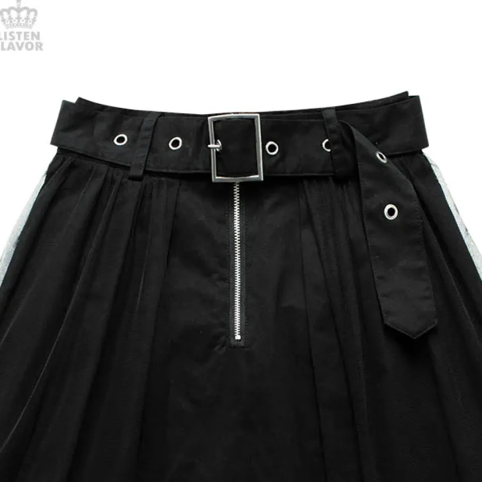 LISTEN FLAVOR Tulle Pleated Mini Skirt w/ Belt