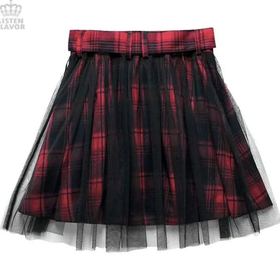 LISTEN FLAVOR Tulle Pleated Mini Skirt w/ Belt