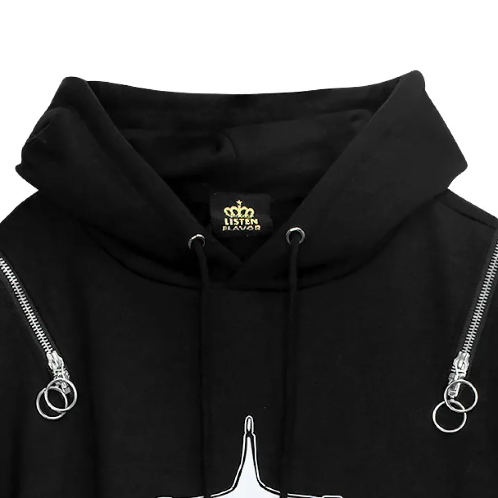 LISTEN FLAVOR x Kaibashira Shoulder Zip Hoodie Black