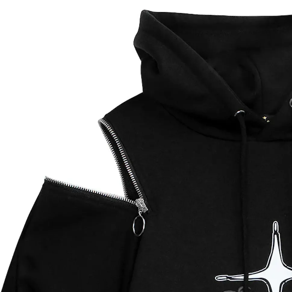 LISTEN FLAVOR x Kaibashira Shoulder Zip Hoodie Black