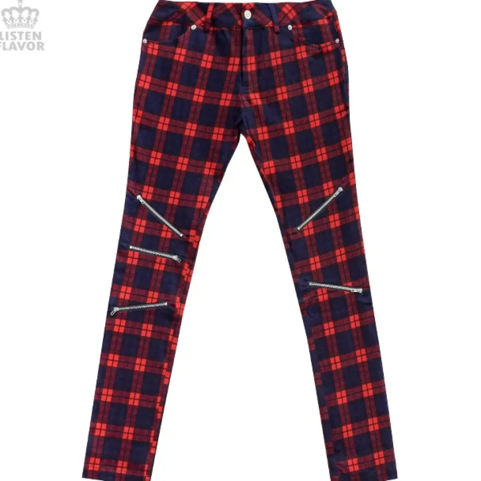 LISTEN FLAVOR Zip Detail Red Check Skinny Pants