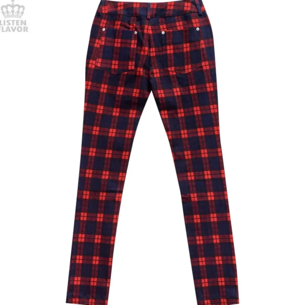 LISTEN FLAVOR Zip Detail Red Check Skinny Pants