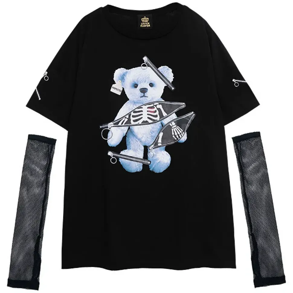 LISTEN FLAVOR Zipper Bear Mesh Top w/ Arm Covers