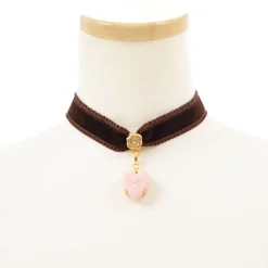 Q-pot. Velvet Ribbon Choker w/ Puchi Arrow Heart Milky Strawberry Charm