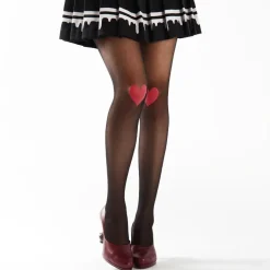 Takeuchi 18 Denier Black Sheer Tights - Knee Heart Motif (Red)